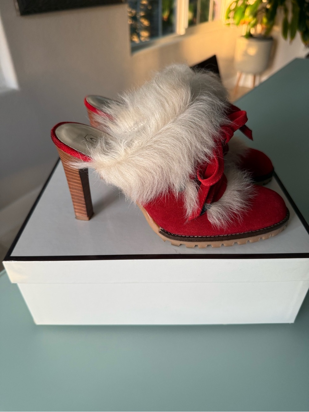 Coach Red Suede Leather Fur High Heel Mule Size 6 1/2 - Picture 3 of 9